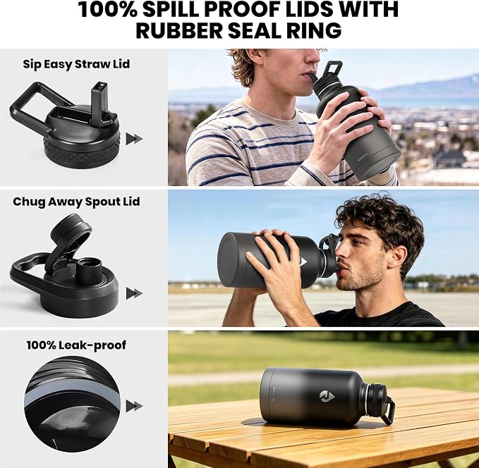 RAYMYLO Insulated Water Bottle 64 oz, Triple Wall Vacuum Stainless Steel | (Cold for 48 Hrs), Leak Proof & Non-BPA, Half Gallon Water Flask Jug with Paracord Handle & Straw Spout Lids, Dark Gray