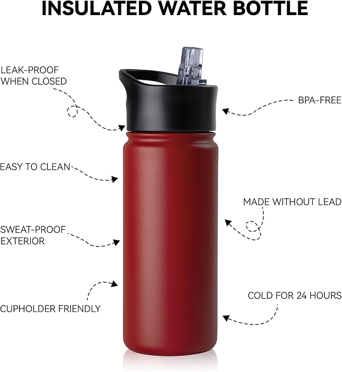 16 oz Insulated Water Bottle for School, Straw & Spout Lid, Keep Cold 24H, Spill Proof, BPA-Free, Double Wall Stainless Steel Kids Water Bottles for Sports, Gym, Travel, Red