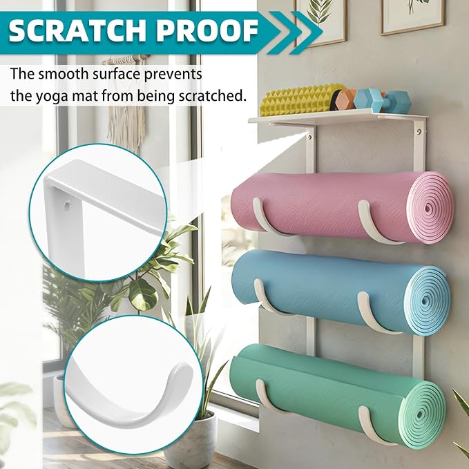 Yoga Mat Holder Wall Mount, No Tying, No Straps | Rubber-Coated Home Gym Storage Rack with Top Floating Shelf, 4-Tiers Holding Yoga Mat/ Blocks/ Rollers and Decorations