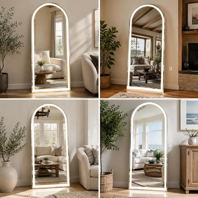 LED Arched Full Length Mirror with Lights 65" x26 Aluminum Frame | Floor Mirror with Dimming & 3 Color Lighting, Standing Leaning or Hanging for Bedroom Cloakroom White