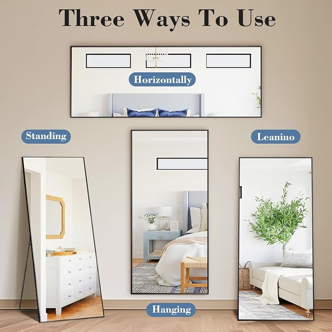 NEWBULIG 58"x19" Full Length Mirror, Full Body Standing Mirror, Black | Leaning or Standing, Tempered Glass, Aluminum Alloy Thin Frame Floor Stand for Bedroom, Cloakroom