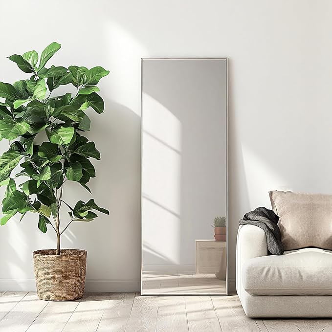 48x16 inch Floor Length Mirror, Silver Wall Mirror Full Length | Nickel Brushed Metal Frame, No Distortion, Silver Full Length Mirror for Bedroom, Living Room, Entryway, Bathroom, Nursery