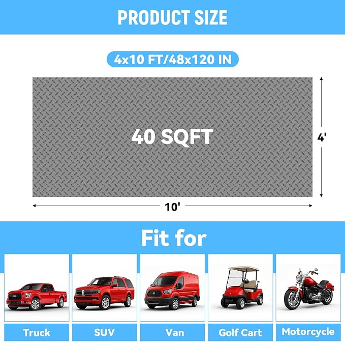 4x10 FT Garage Floor Mat, 2.8mm Thickened Diamond Plate | PVC Flooring Roll for Under Car/Golf Cart/Motorcycle, Garage Mat for Warehouse/Basement/Gyms/Trailer, Tapes Included, Gray