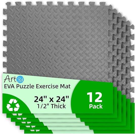 Art3d 12 Pack 24" x 24" EVA Interlocking Exercise Mats, 1/2" Thick Foam Puzzle Flooring for Workout, Gym Equipments, Training Areas, 48 Sq.FT, Grey