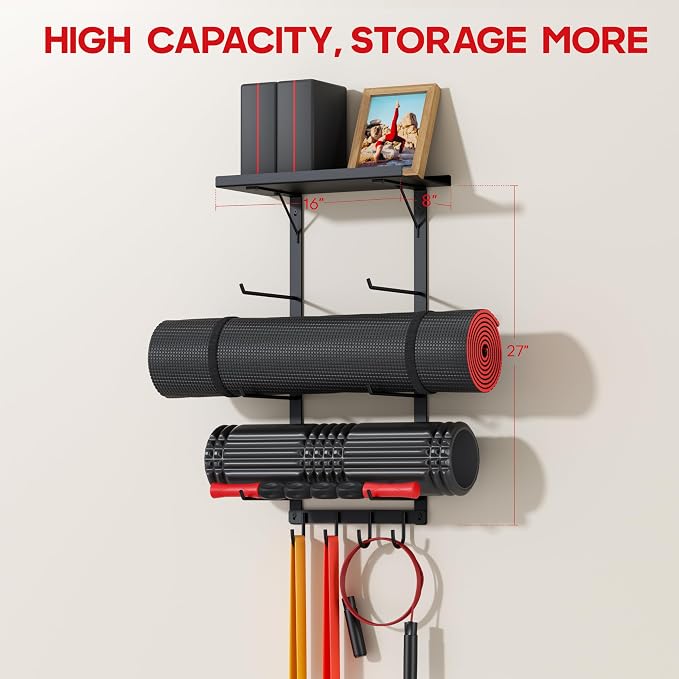 Yoga Mat Holder Wall Mount, Home Gym Storage Rack with Top Floating Shelf | 4-Tiers Fitness Accessories Organizer with Hooks for Foam Roller / Resistance Band / Workout Equipment/ Block / Pilates Strap