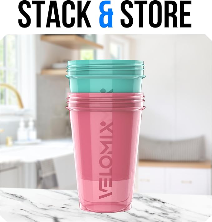 VELOMIX 2 Pack 20oz Protein Shaker Bottle for Protein Mixes, Pink/Turquoise | 2x Wire Whisk, Leak Proof Shaker Cups for Protein Shakes, Stackable, Dishwasher safe, BPA free, Pre Workout and Gym ready