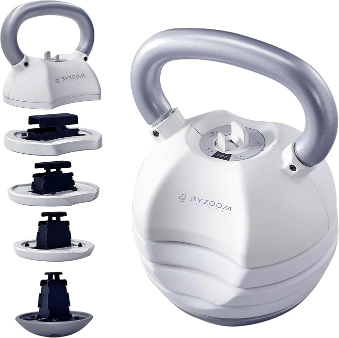 BYZOOM FITNESS Pure Series Adjustable Kettlebell 30/40/50LB - 5-IN-1 Weight Change, Patented Quick-Change Machenism, Ergonomic Curved Handle for Home Gym, Strength Training, HIIT, White OR Black