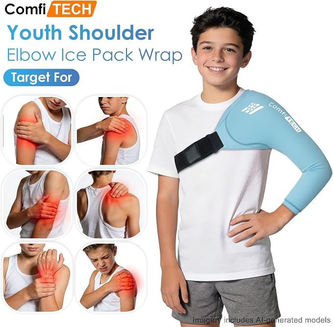ComfiTECH Youth Shoulder Arm Ice Pack Wrap for Young Pitchers, Medium | Gel Shoulder Arm Sleeve for Young Throwing Athletes, Flexible Cold Compression for Arm Discomfort & Post-Training Recovery