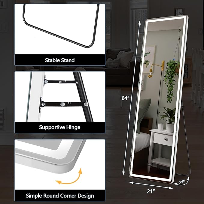 OLIXIS LED Full Length Mirror with Lights, Full Body 21x 64 | Standing Lighted Floor, 3 Color Lighting, Wall Mounted Bedroom Bathroom Entryway, Tempered Glass