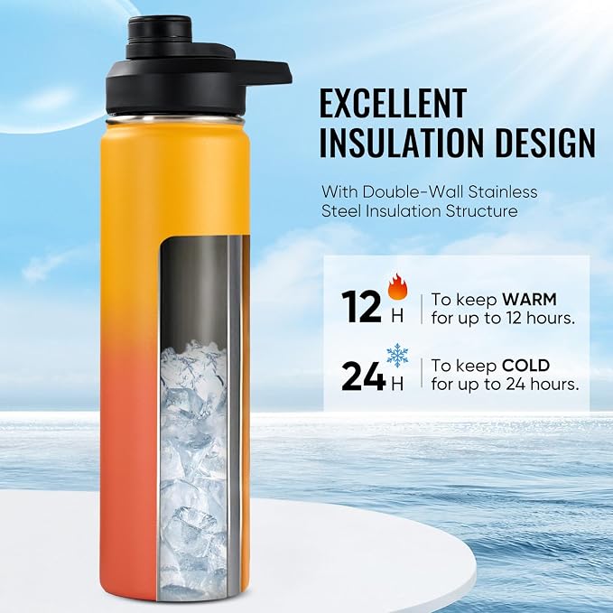 Fijinhom Insulated Water Bottle with Handle, 304 Stainless Steel Water Bottles with Wide Mouth, Double Wall Vacuum Sports Water Bottle, BPA Free, Keep Cold and Hot, 24 Ounces, Yellow&Orange