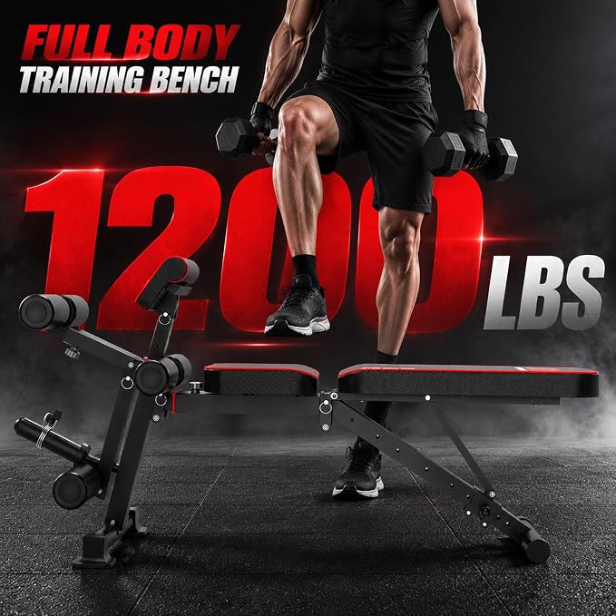 K KiNGKANG Foldable Weight Bench with Leg Curl, 1200 LBS Heavy Duty Workout Bench, 4-Level Adjustable Distance for All Heights, Multi-Position Incline Decline Exercise Bench with Dumbbell Rack for Home Gym