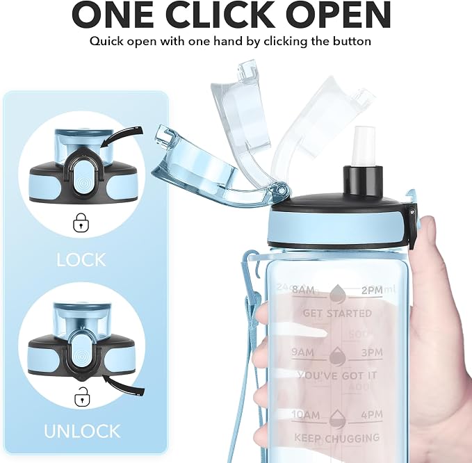 Enerbone Water Bottle, Leakproof BPA & Toxic Free, Motivational Water Bottle with Times to Drink and Straw, Fitness Sports Water Bottle with Strap for Office, Gym, Outdoor Sports