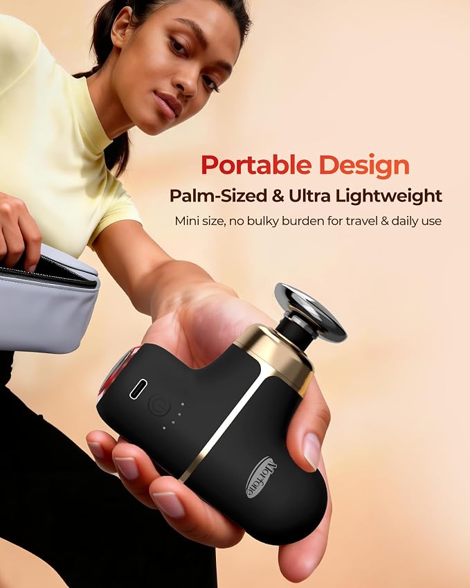 Super Mini Massage Gun with Heat & Red Light, 0.48 lb Travel Massage Gun | Palm-Sized Deep Tissues Percussion Muscle Massager 4 Heads 4 Speeds Compact Ultra-Quiet Type-C Charging for Home Office Black