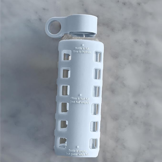 purifyou 40oz / 32oz / 22oz / 12oz Borosilicate Glass Water Bottle with Time & Volume Markers, Silicone Sleeve, Stainless Steel Lid | Reusable Glass Bottle for Water & Juice (12oz Ice Blue)