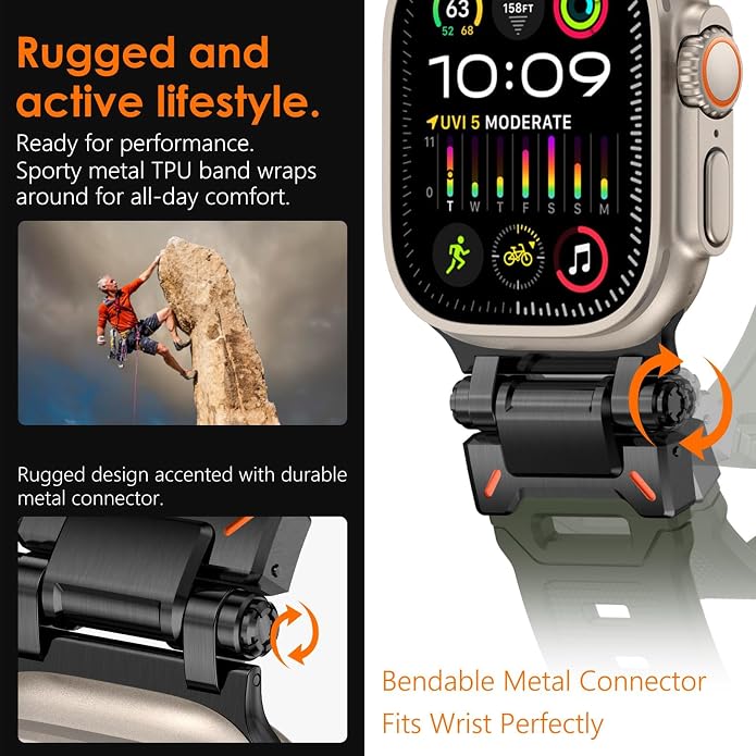 WINGLE FKM Rubber Bands for Apple Watch Band Ultra 3/2/1 Band Ultra 49mm Series 11 10 46mm 45mm 44mm 42mm SE 3/2/1 9 8 7 6 5 4 3 Men, Military Rugged Metal Connector Silicone Apple iWatch Sport Bands