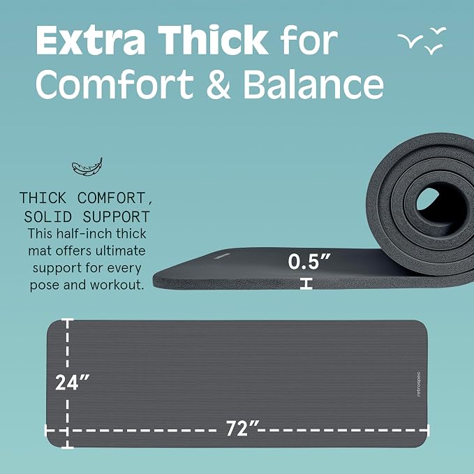 Retrospec Solana Yoga Mat Thick 1/2in Non-Slip Workout Mat with Nylon Strap - 72x24in Exercise Mat for Pilates, Stretching & Fitness - BPA Free, Easy Clean