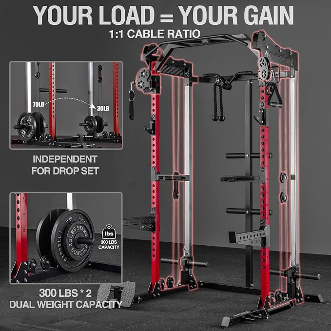 Mikolo HR06 Power Cage with Aluminum Pulleys, 2000LB Power Rack with Independent Dual Pulley System, Multi-Function Home Gym Workout Machine for Cable Crossover