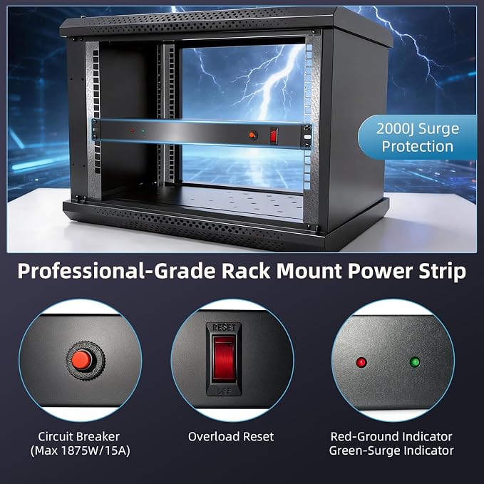8-Outlet 1U Rack Mount PDU Power Strip, 2000J Surge Protection, 6ft Cord 14AWG Cord – PDU Power Strip for 19-Inch Network Server Racks