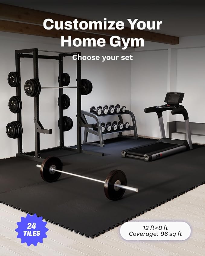 AIRHOP 0.79'' Extra-Thick 96 Sq Ft Rubber Top Gym Flooring for Home Gym | 24 Tiles, High Density EVA Foam, Waterproof & Non-Slip Rubber, Interlocking Puzzle Mats, Heavy Duty Floor Protection, 24"x24"
