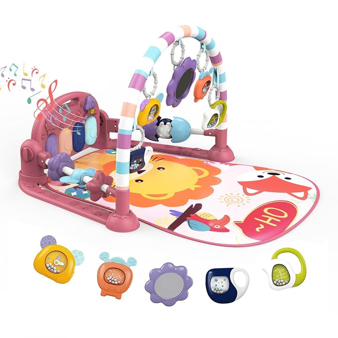 dearlomum Pink Lion Theme Baby Play Mat Gym with Kick & Play Piano | Tummy Time Activity Mat with 5 Infant Sensory Toys, Music and Lights, Boy & Girl Gifts for Newborns 0 to 3 6 9 12 Months