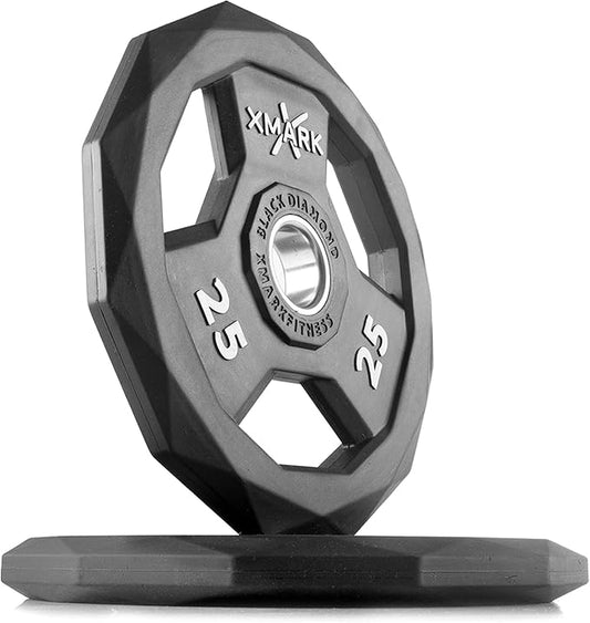 XMARK Black Diamond Olympic Weight Plates 2-Inch, Rubber Barbell Plates with Tri-Grip Handles for Home Gym Strength Training