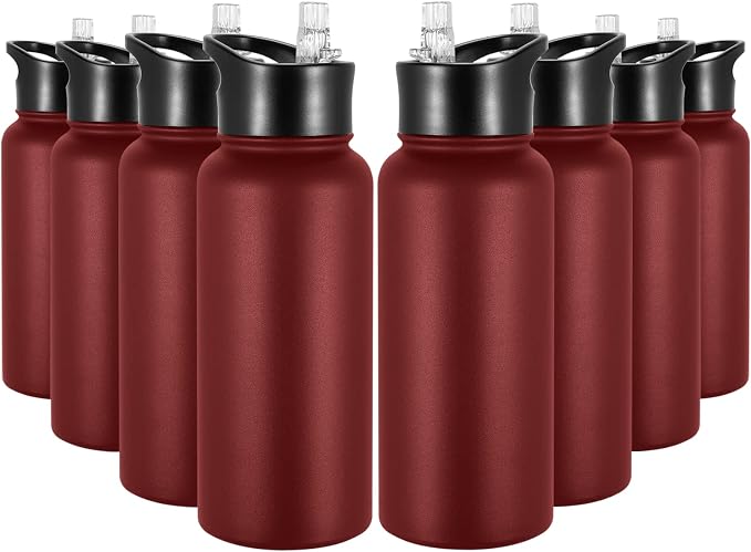 32 oz Insulated Water Bottle Bulk 8 Pack, Stainless Steel Sports Water Bottles with Straw Lid & Wide Mouth Lids, Double Walled Vacuum, Leak Proof, Red