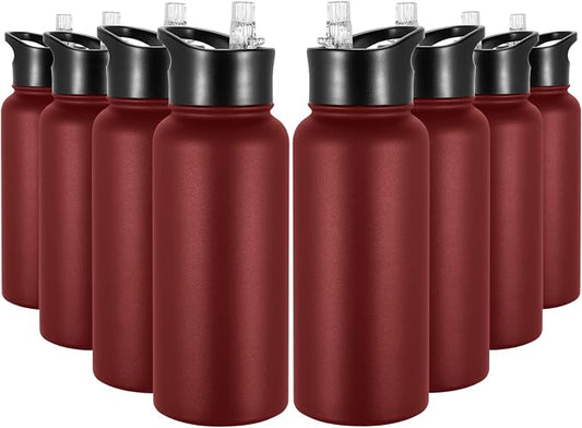 32 oz Insulated Water Bottle Bulk 8 Pack, Stainless Steel Sports Water Bottles with Straw Lid & Wide Mouth Lids, Double Walled Vacuum, Leak Proof, Red