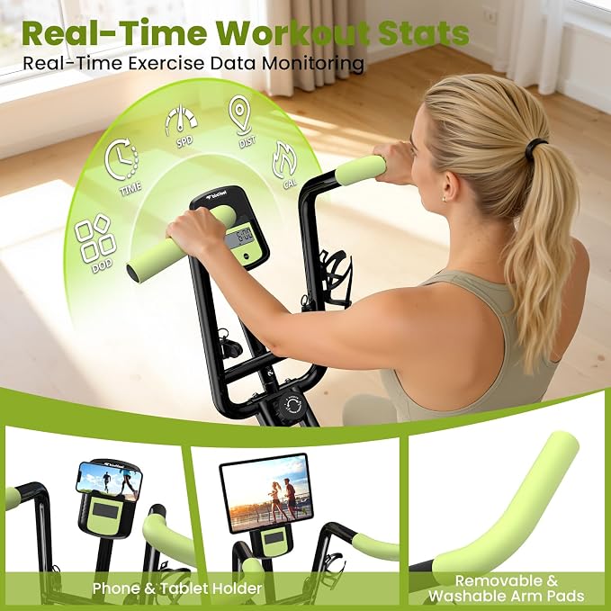 Foldable Exercise Bike, 8-Level Magnetic Stationary Bike for Home Gym | Quiet Indoor Workout Bike with Arm Resistance Bands, LCD Monitor, and 300 LBS Capacity for Full-Body Cardio Training