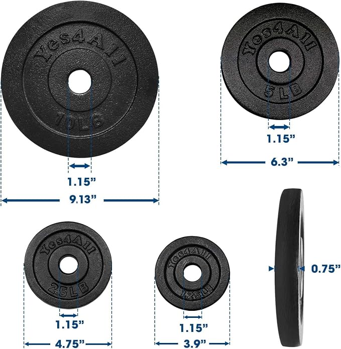 Yes4All Cast Iron Weight Plates, 1.15-Inch Standard Hole Weight Plate Set of 4 & 8, Fits Dumbbell Handles for Strength Training, Weightlifting & Home Gym Workouts