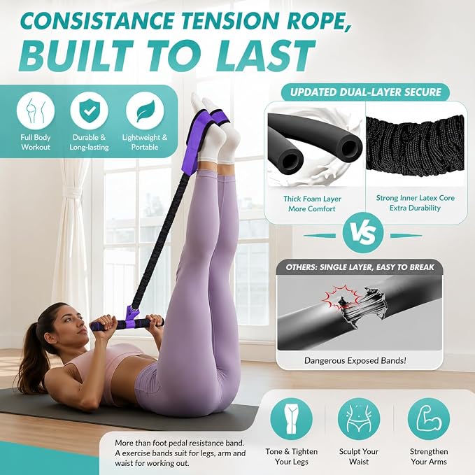 Upgraded Pedal Resistance Band with Comfort Grip Handle, Soft Padded Foot Straps & Thickened Latex Tubes | 55LBS Sit‑Up & Full Body Exercise for Abdomen, Waist, Arms, Core, Legs & Physical Therapy