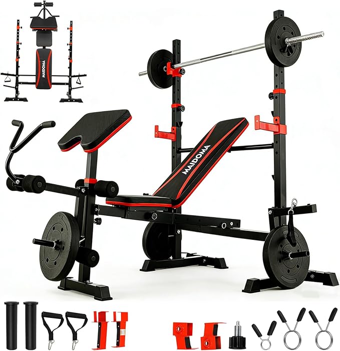 MAIDOMA 1500LBS Foldable 8 IN 1 Weight Bench with Upgraded Leg Extension | Adjustable Flat Incline Decline Bench Press Set with Wide Squat Rack for Full Body Home Gym Workout (US Stock)
