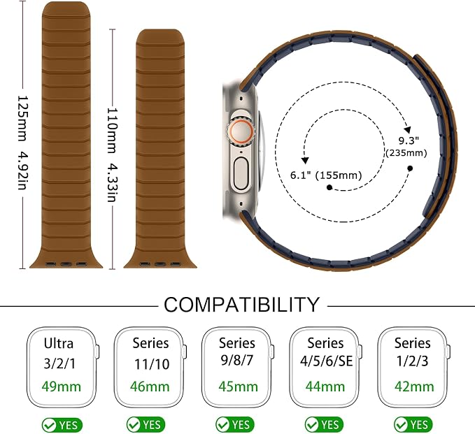 Tasikar Magnetic Bands Compatible with Apple Watch 49mm 46mm 45mm 44mm 42mm Soft Silicone Replacement Loop Wristband for iWatch Ultra 3 2 1 SE Series 11 10 9 8 7 6 5 4 3, Brown-Indigo
