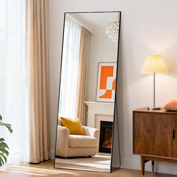 NEWBULIG 56"x15" Full Length Mirror, Full Body Standing Mirror, Black | Leaning or Standing, Tempered Glass, Aluminum Alloy Thin Frame Floor Stand for Bedroom, Cloakroom