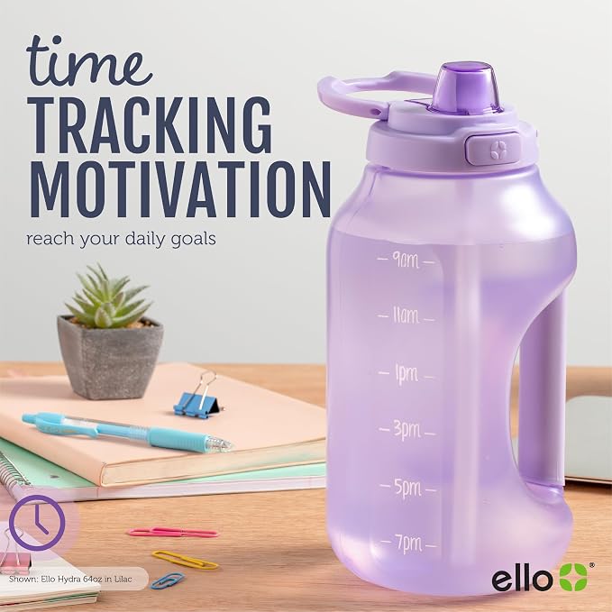 Ello Hydra 64oz BPA-Free Plastic Water Jug with Time Markers, Grey | Large plastic water bottle jug for all day hydration with time markers, carry loop, straw, leakproof lid, and BPA-free