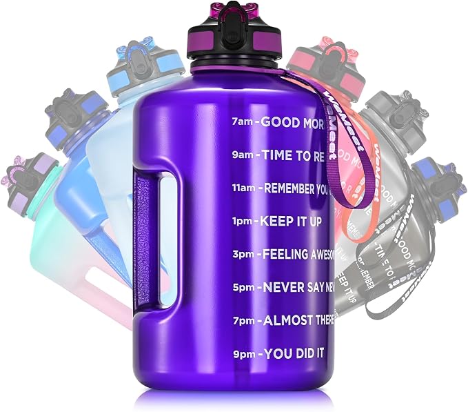 WEMEET Leakproof Water Bottle Motivational with Straw & Strap, BPA Free, 128 oz Gym Water Bottle with Time Marker, Water Jug for Outdoor Enthusiasts (Purple Blue)