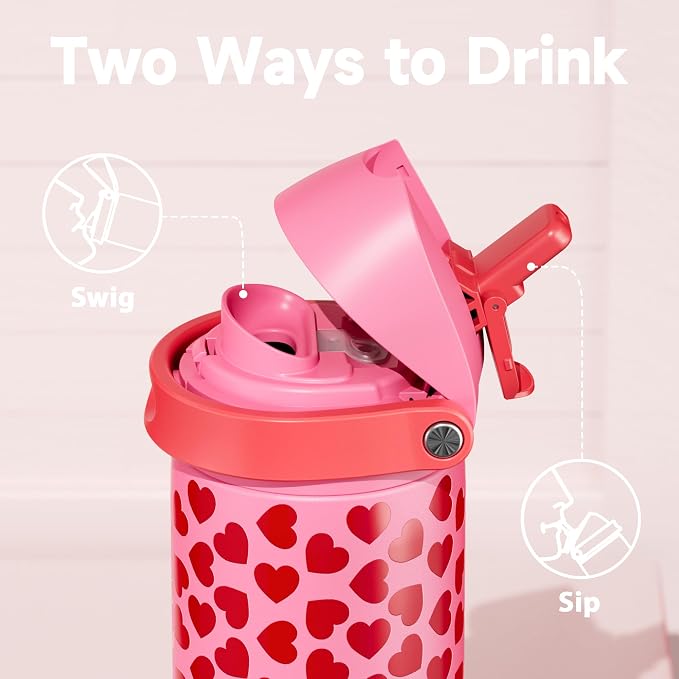 24 oz Valentine's Day Water Bottle: Meoky Stainless Steel Heart Water Bottle with 2-in-1 Straw and Spout Lid - Leak Proof, Fits in Car Cup Holder, Valentines Day for Her Women Wife Girls, Lovie