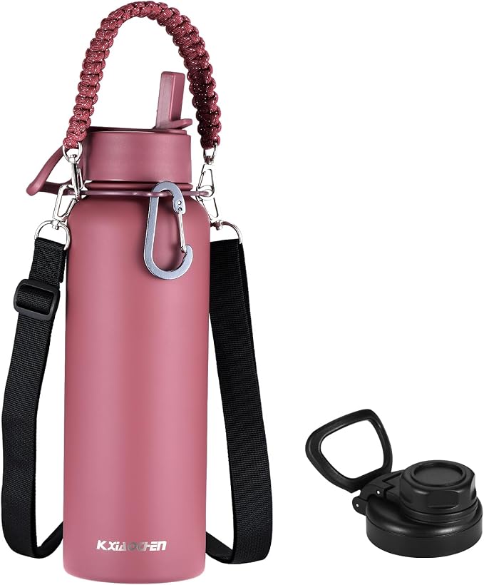 KXIAOCHEN Insulated Water Bottle with Strap, 48-Hour Cold, 2 Lids | Triple-wall insulation, lead-free 18/8 Stainless steel, paracord handle, carabiner clip, for gym, hiking, camping and travel