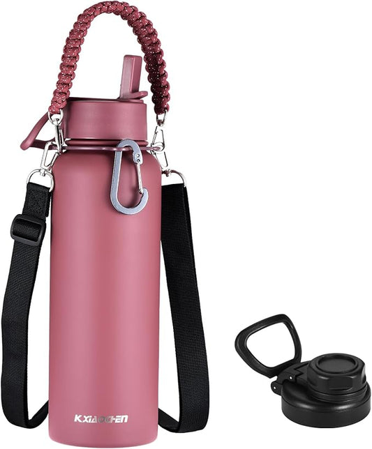 KXIAOCHEN Insulated Water Bottle with Strap, 48-Hour Cold, 2 Lids | Triple-wall insulation, lead-free 18/8 Stainless steel, paracord handle, carabiner clip, for gym, hiking, camping and travel