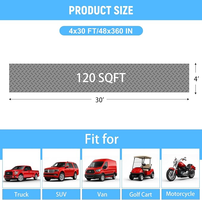 4x30 FT Garage Floor Mat, 2.8mm Thickened Diamond Plate | PVC Flooring Roll for Under Car/Golf Cart/Motorcycle, Garage Mat for Warehouse/Basement/Gyms/Trailer, Tapes Included, Gray