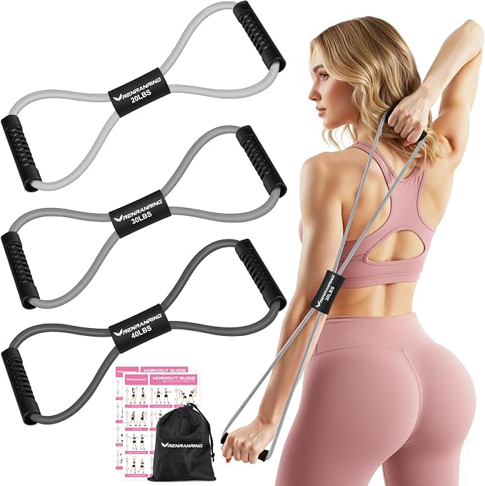 RENRANRING Figure 8 Fitness Resistance Bands with Handles - Exercise Tube Band Set of 3 for Arm and Shoulder Stretch, Rope 8 Word Elastic for Women and Men