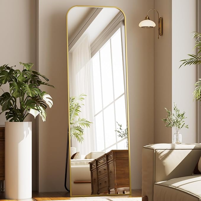 Full Length Mirror 56"x21" Arched Floor Standing Large Mirrors | Full Body Mirror with Stand - with Aluminum Frame for Bedroom Living Room, Gold