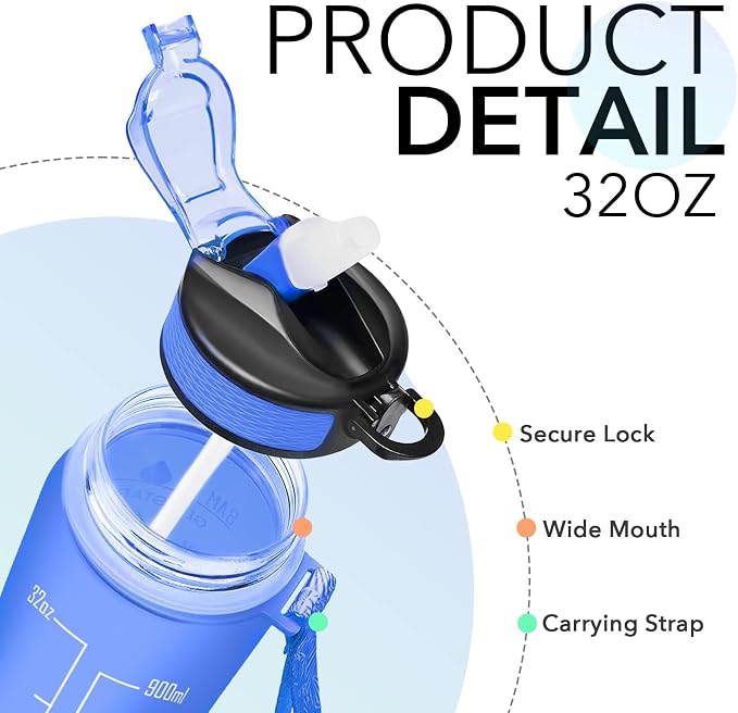 Hyeta Water Bottle with Straw & Time Marker, Plastic 32oz Leakproof | Motivational Tritan BPA Free Gym Office Outdoor Intake Tracker Hourly Reminder Straw Lid Carry Strap