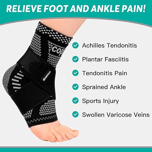 INDEEMAX Ankle Brace for Sprained Ankle Compression Sleeve, Copper Infused Ankle Support Brace for Women & Men, Plantar Fasciitis Relief Achilles Tendonitis, Sports Running, Silver Black, S