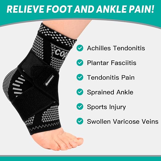 INDEEMAX Ankle Brace for Sprained Ankle Compression Sleeve, Copper Infused Ankle Support Brace for Women & Men, Plantar Fasciitis Relief Achilles Tendonitis, Sports Running, Silver Black, L