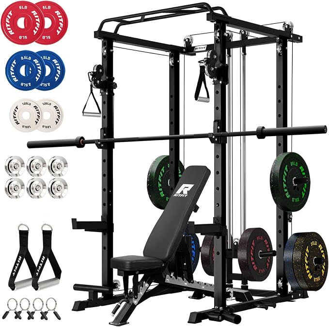 RitFit Power Cage Home Gym Package with Cable Crossover System | 1200LBS Power Rack, Weight Bench, Olympic Barbell & 230LBS Bumper Plates — All-in-One Home Gym