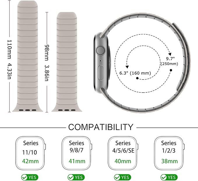 Tasikar Magnetic Bands Compatible with Apple Watch 42mm(Series 11/Series 10) 41mm 40mm 38mm Soft Silicone Replacement Loop Wristband for iWatch SE Series 11 10 9 8 7 6 5 4 3, Starlight-Grey