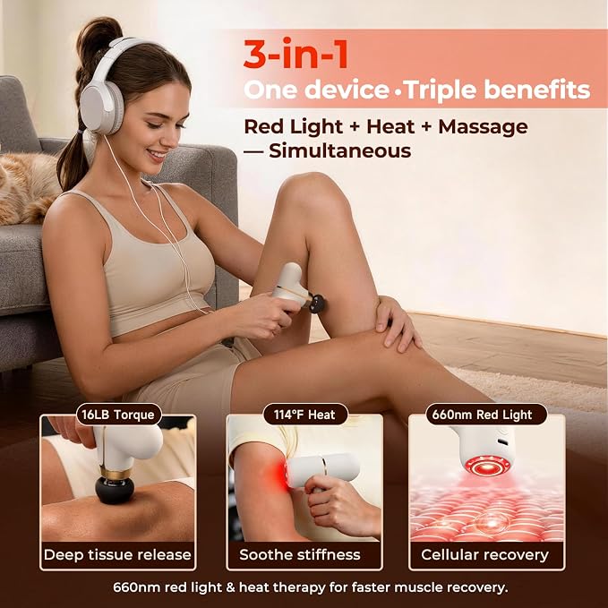 Super Mini Massage Gun with Heat & Red Light, 0.48 lb Travel Massage Gun | Palm-Sized Deep Tissues Percussion Muscle Massager 4 Heads 4 Speeds Compact Ultra-Quiet Type-C Charging for Home Office White