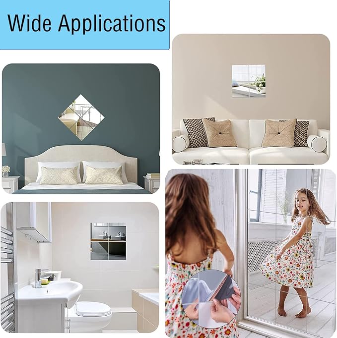 16" x 12" x 4Pcs Acrylic Mirror Sheets, Decorative Wall Mirrors | Flexible Full Body Full Length Mirror Tiles with Self Adhesive Tapes, Non Glass Mirror Stickers for Bathroom Gym Wall Decor