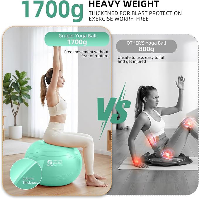 Gruper Yoga Ball, Extra Thick Non Slip Exercise Ball for Workout, Yoga, Pregnancy, 4 Sizes Anti Burst Chair for Home and Office, Includes Foot Pump & Fitness Guide