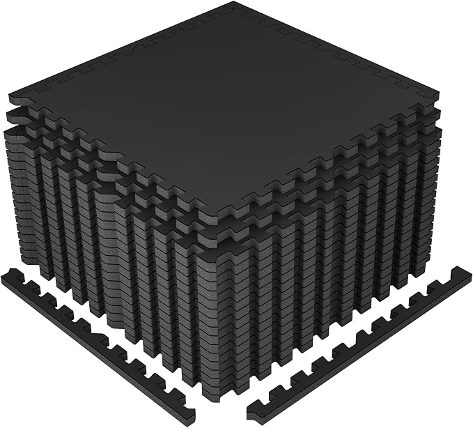 SUPERJARE 1" Extra-Thick Rubber Top Exercise Mat, Puzzle Gym Flooring for Home Gym, Gym Mat for Workout Equipment, Interlocking Floor Tiles with EVA Foam, 18 Pcs 72 Sq Ft, Black